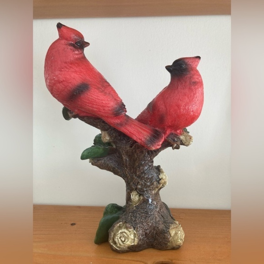 Northern Cardinal Bird Pair Figurine - Red Songbirds on Branch - Wood Look Resin